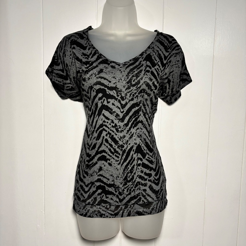Goth Sheer Burnout Grey Black Stretch Zebra Print Grunge V-Neck Sz Large Alt
